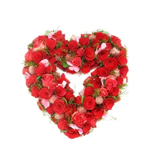 10.25" Red and Pink Flowers with Green Leaves Heart-Shaped Artificial Spring Floral Wreath