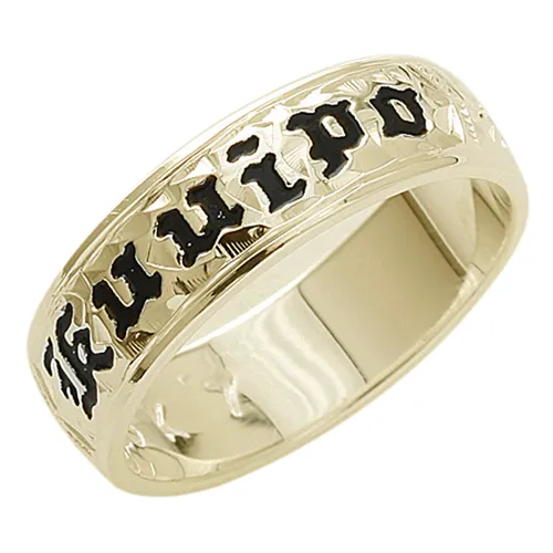 14K Gold Custom-Made Plumeria Scroll Black Enamel Letter Smooth Edge Hawaiian Heirloom Ring (Thickness 1.5mm)