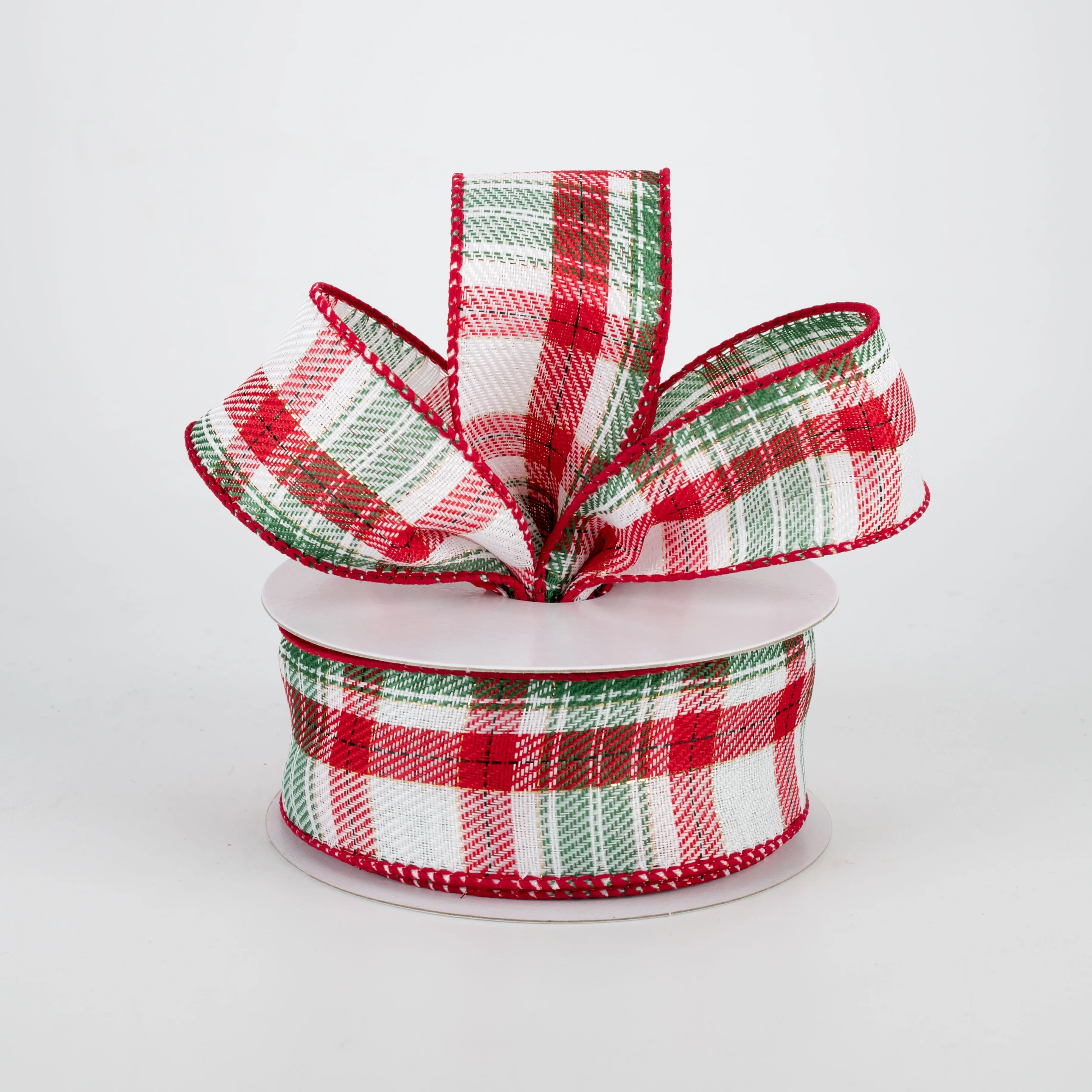 1.5" Audrey Christmas Plaid Ribbon: White, Red, Green (10 Yards)