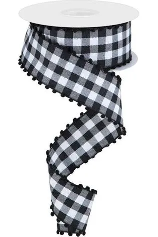 1.5" Check with Poms Ribbon: Black (10 Yards)