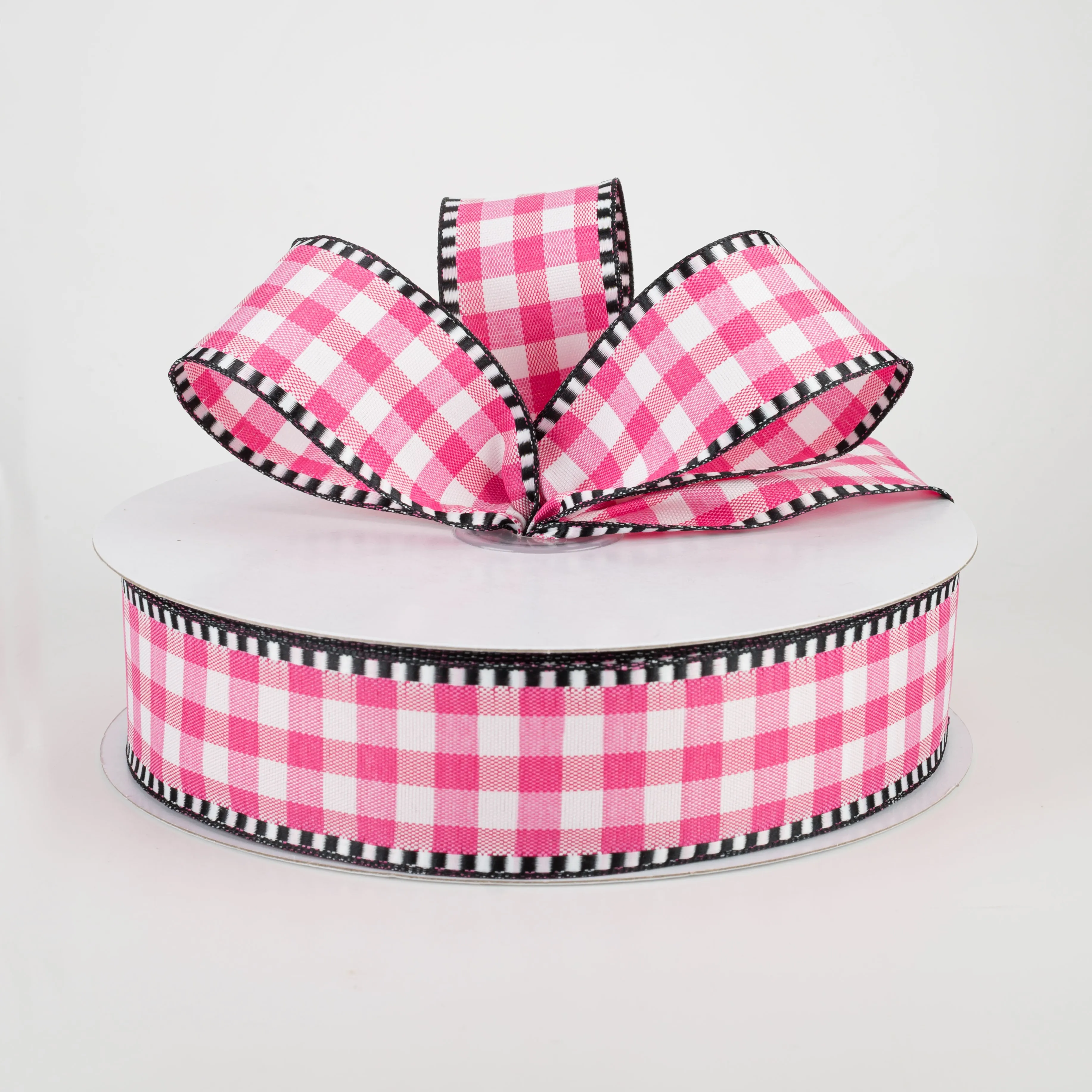 1.5" Dashed Edge Check Plaid Ribbon: Fuchsia & White (50 Yards)