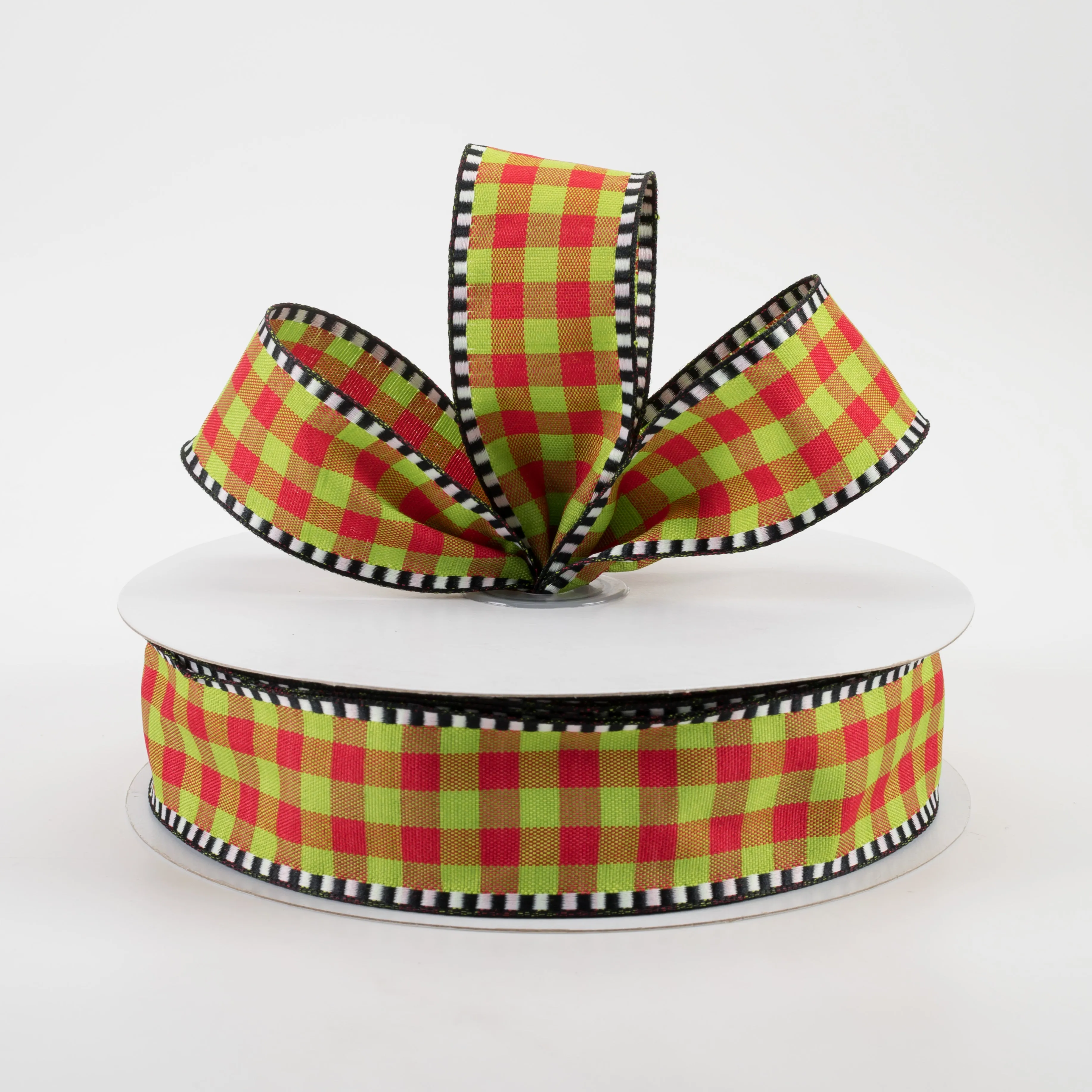 1.5" Dashed Edge Check Plaid Ribbon: Red & Lime (50 Yards)