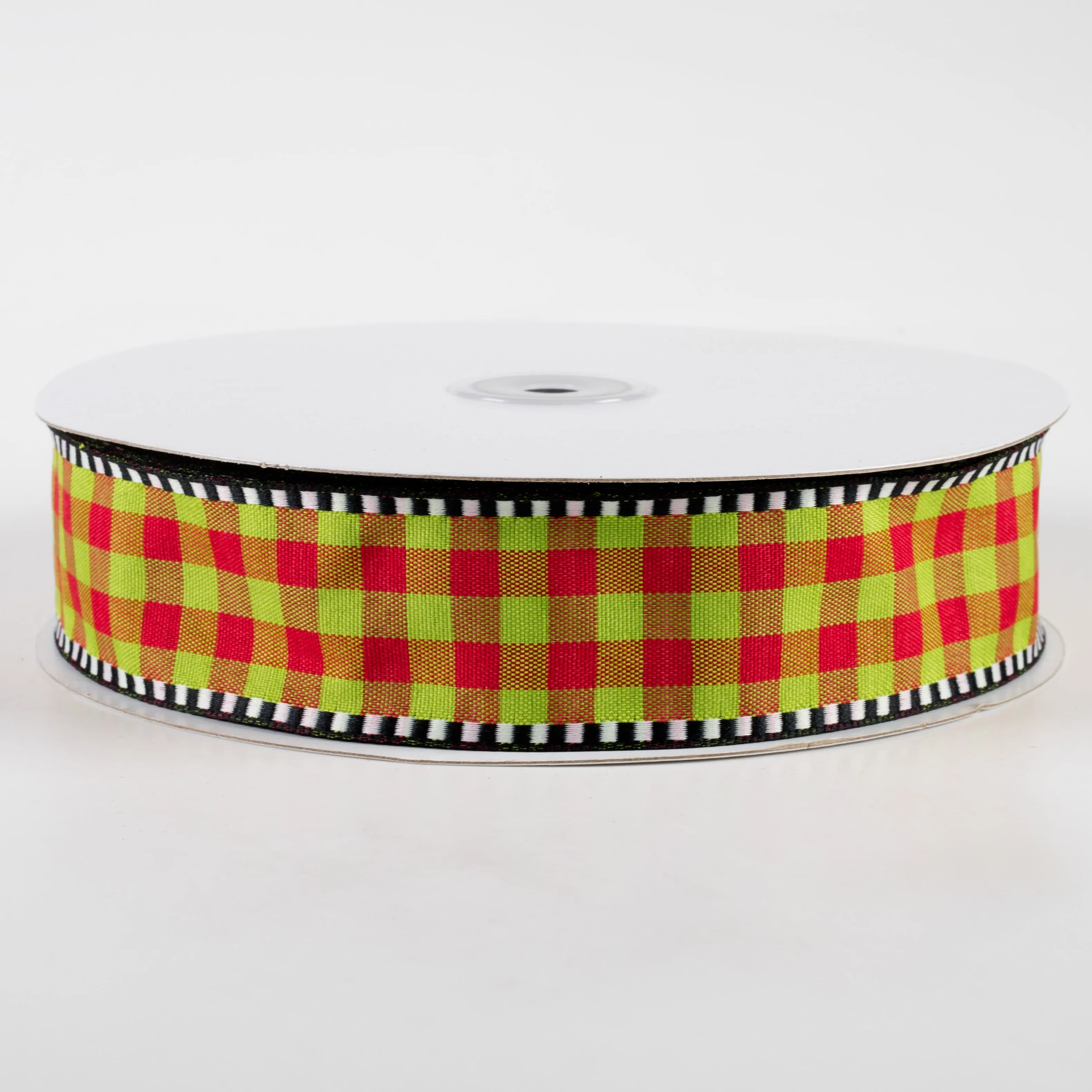 1.5" Dashed Edge Check Plaid Ribbon: Red & Lime (50 Yards)