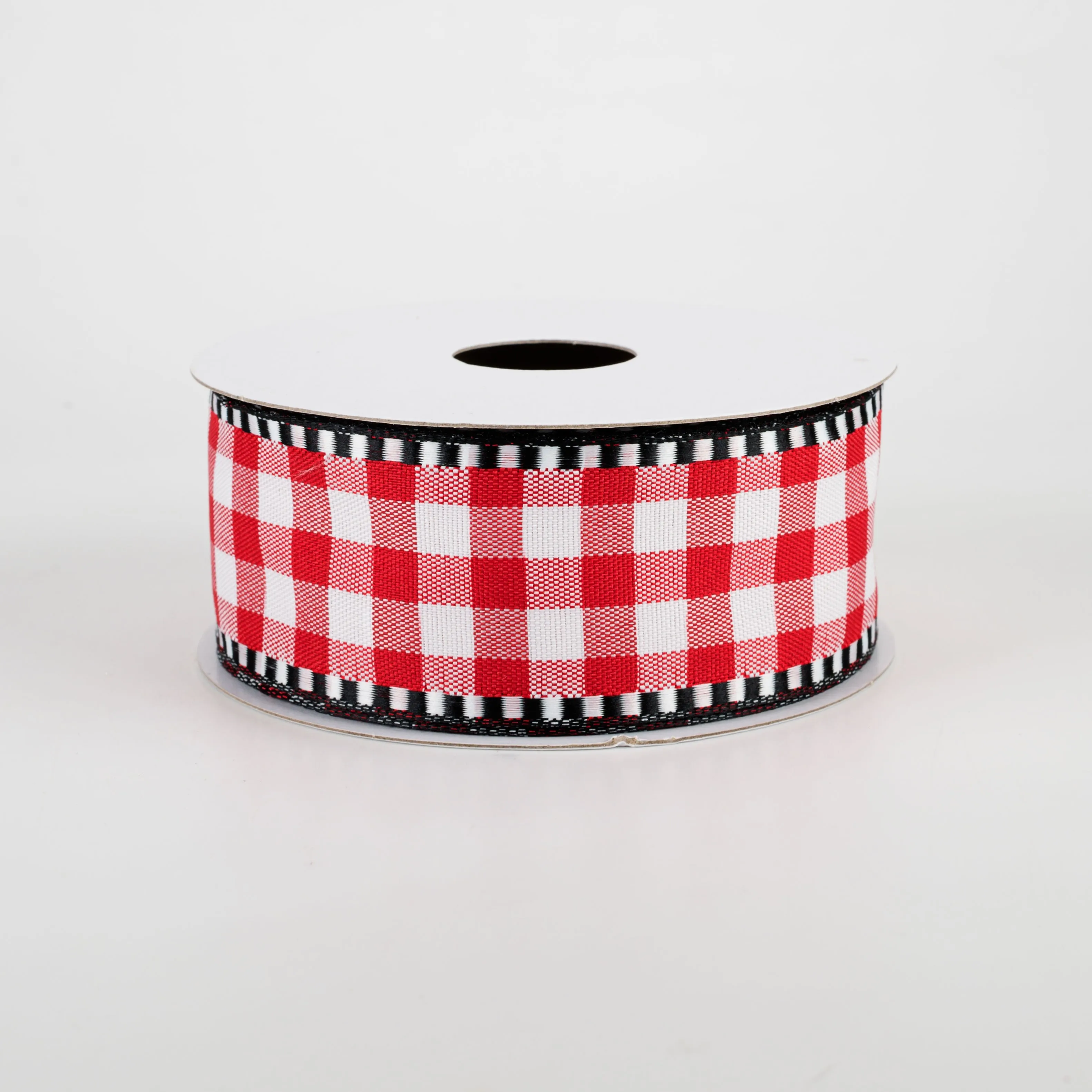 1.5" Dashed Edge Check Plaid Ribbon: Red & White (10 Yards)