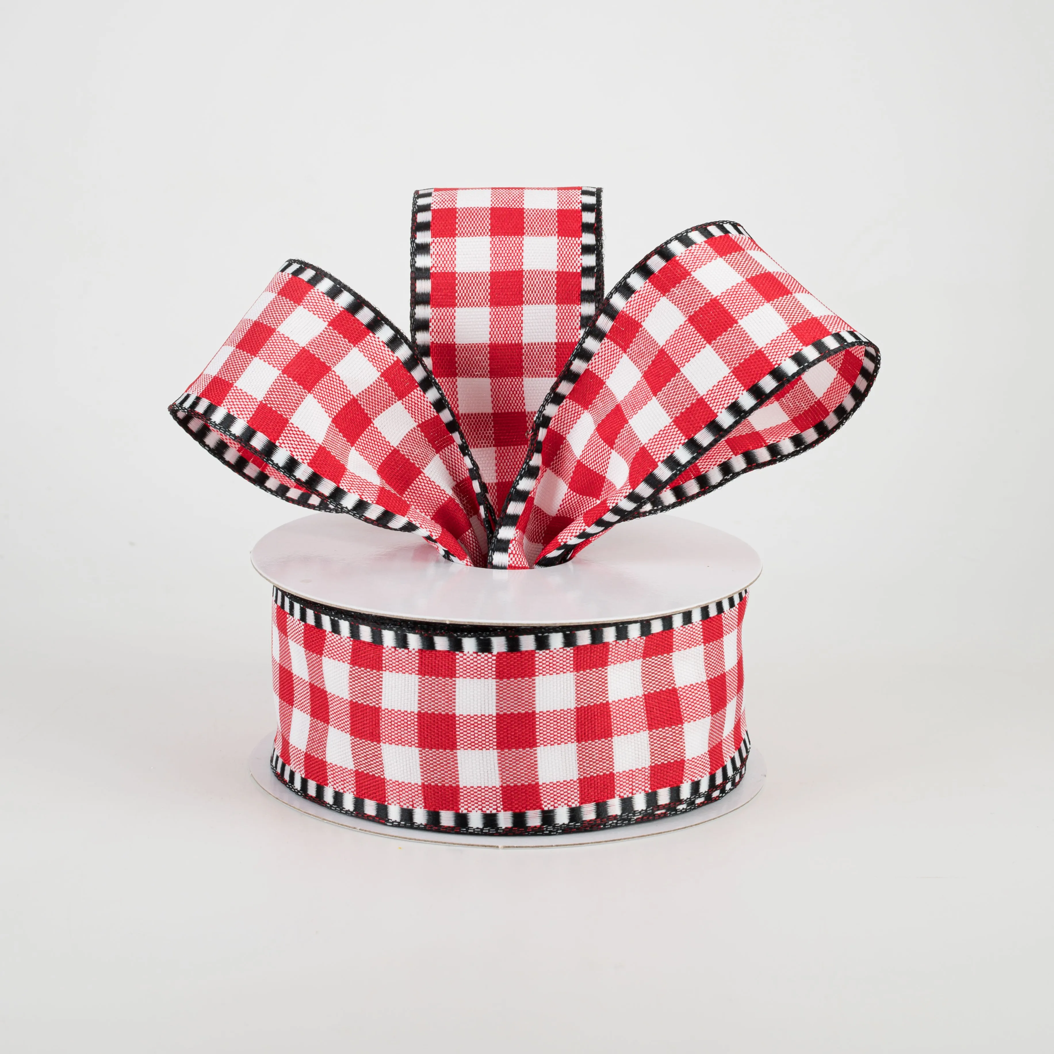 1.5" Dashed Edge Check Plaid Ribbon: Red & White (10 Yards)