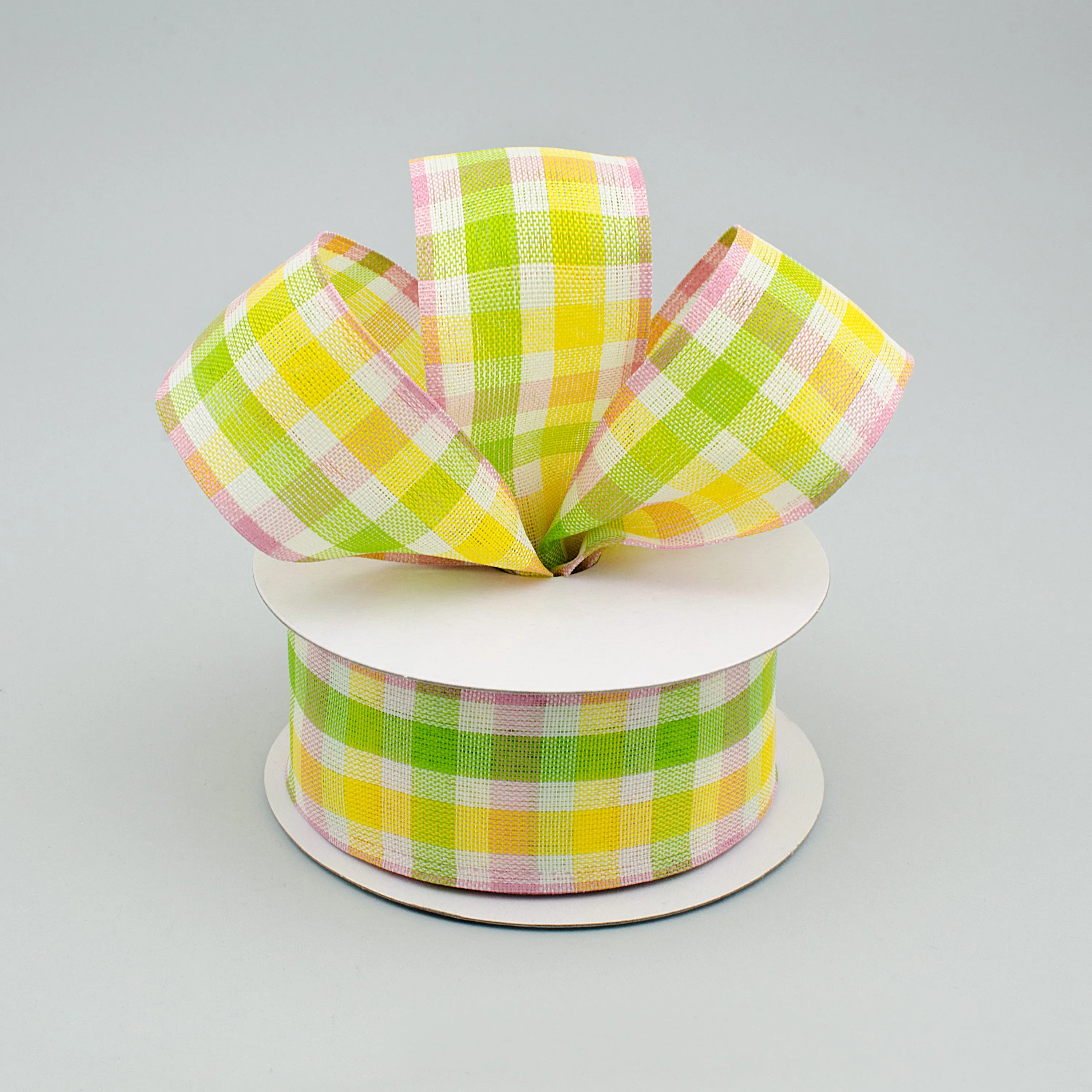 1.5" Faux Linen Check Ribbon: Pink, Lime & Yellow (10 Yards)