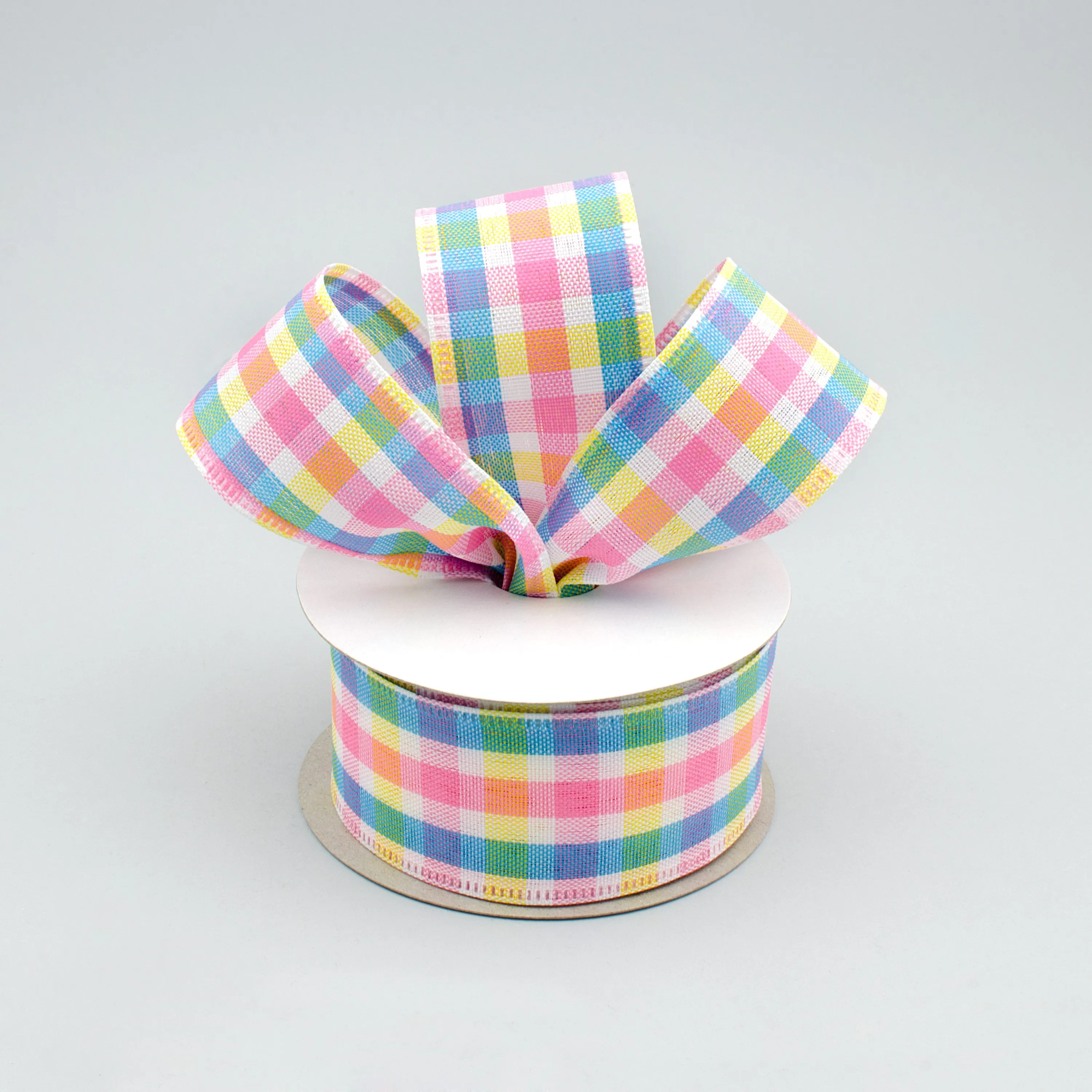 1.5" Faux Linen Check Ribbon: Yellow, Blue & Pink (10 Yards)