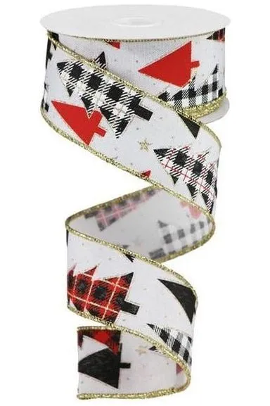 1.5" Plaid Trees on Royal Ribbon: White (10 Yards)