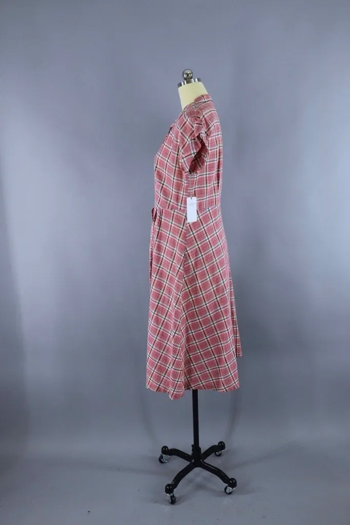 1950s Vintage Pink Plaid Cotton Dress