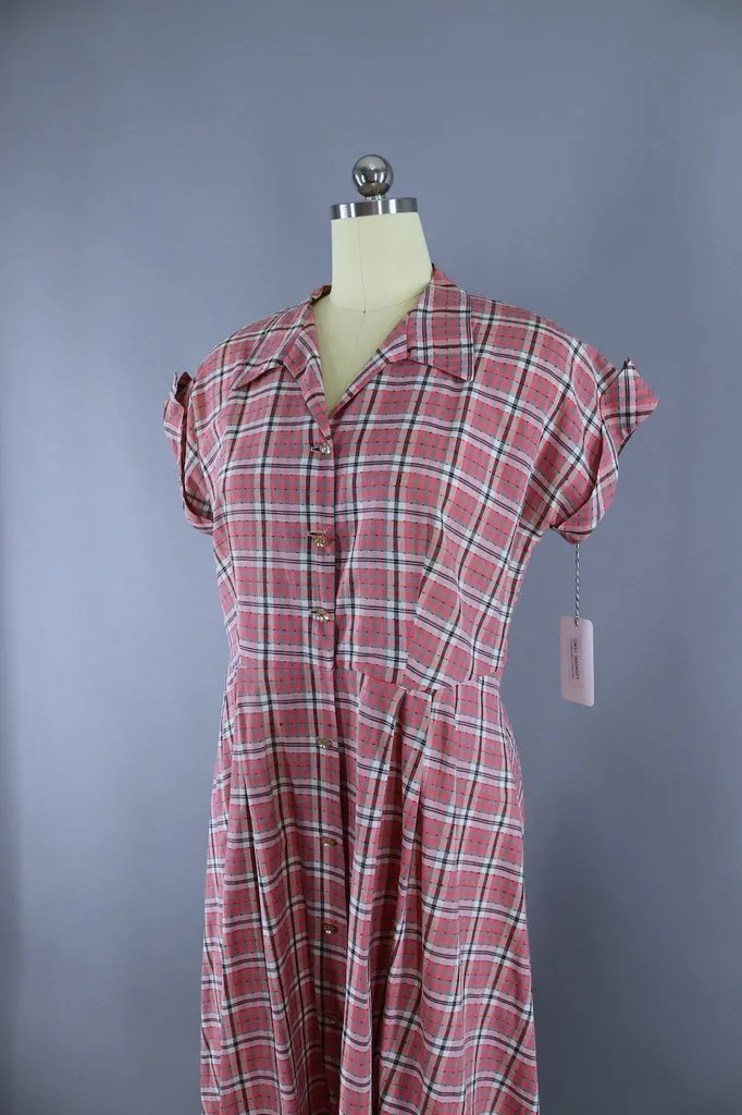 1950s Vintage Pink Plaid Cotton Dress