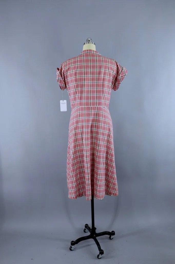 1950s Vintage Pink Plaid Cotton Dress