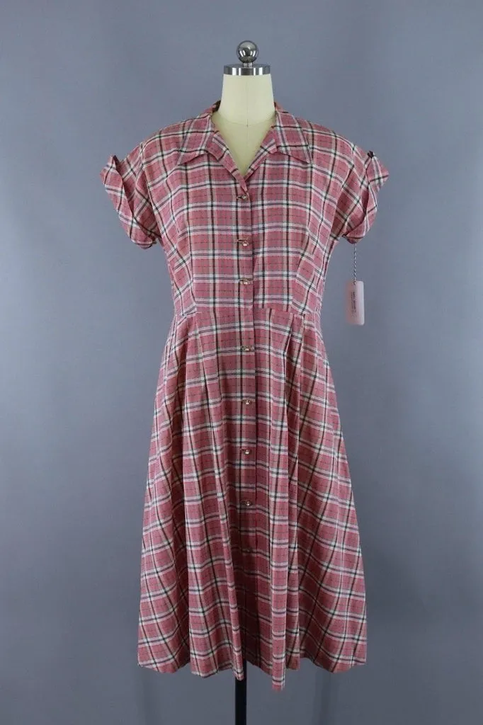 1950s Vintage Pink Plaid Cotton Dress