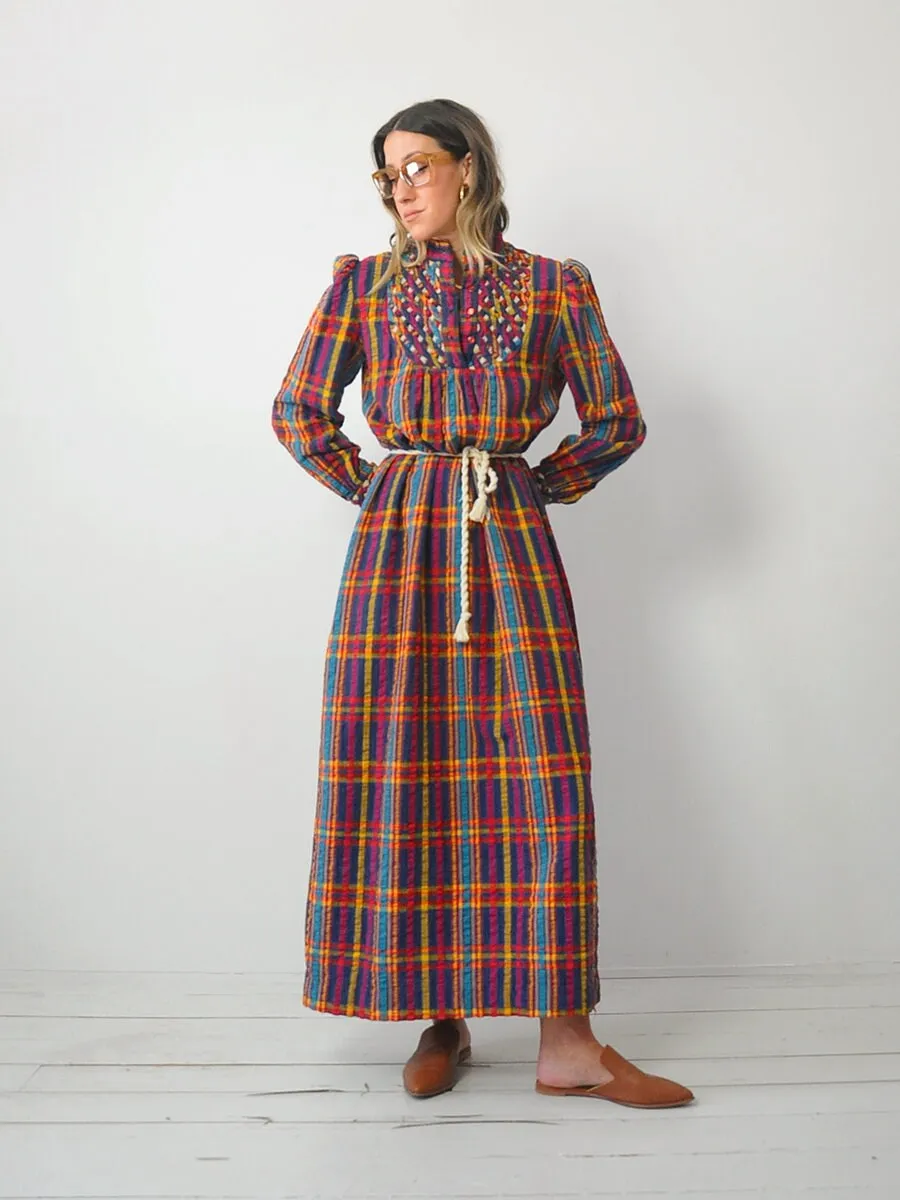 1970's Rainbow Plaid Maxi Dress