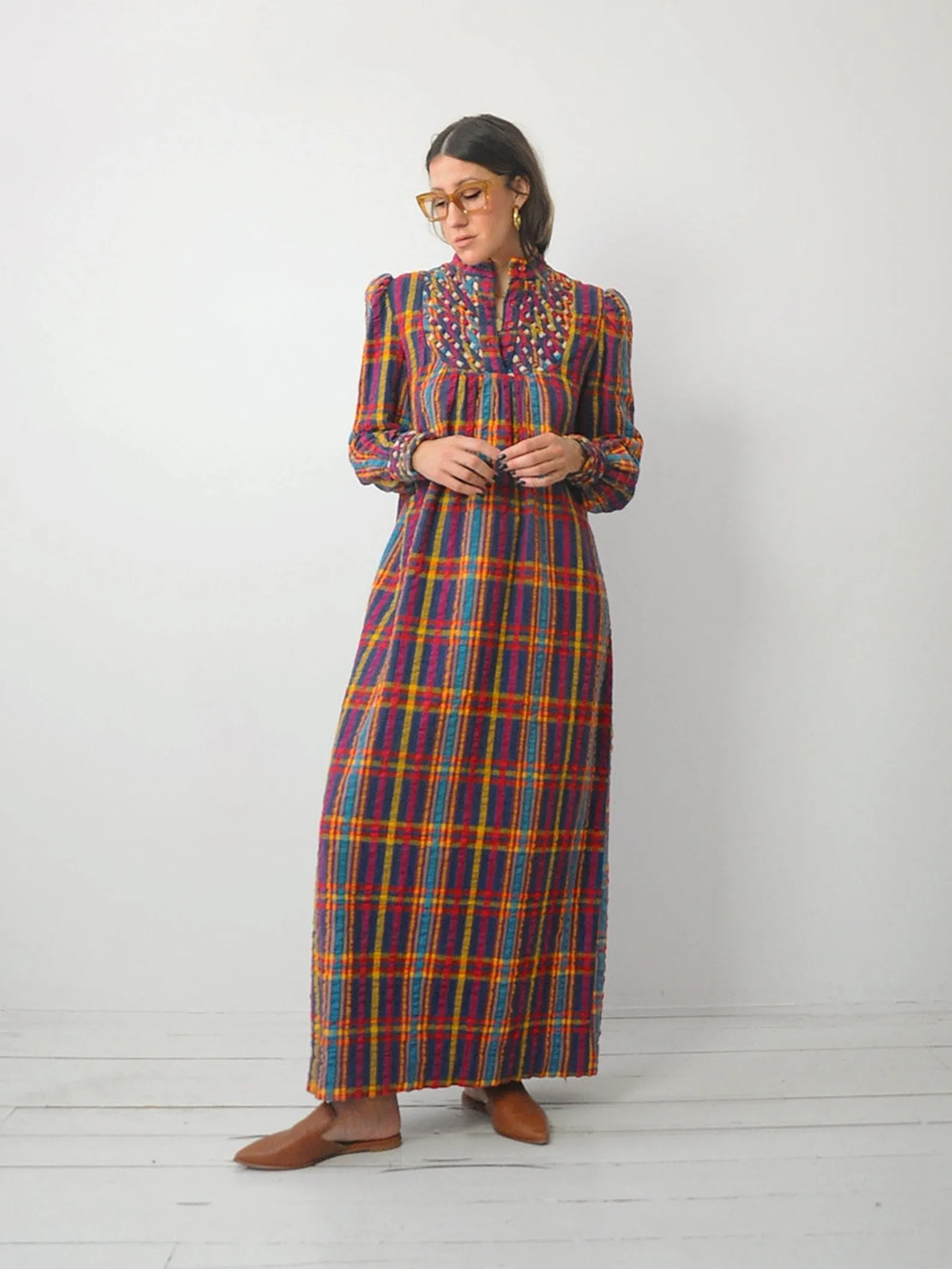 1970's Rainbow Plaid Maxi Dress