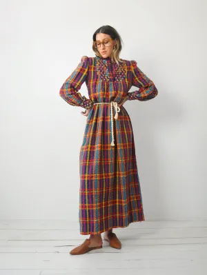 1970's Rainbow Plaid Maxi Dress