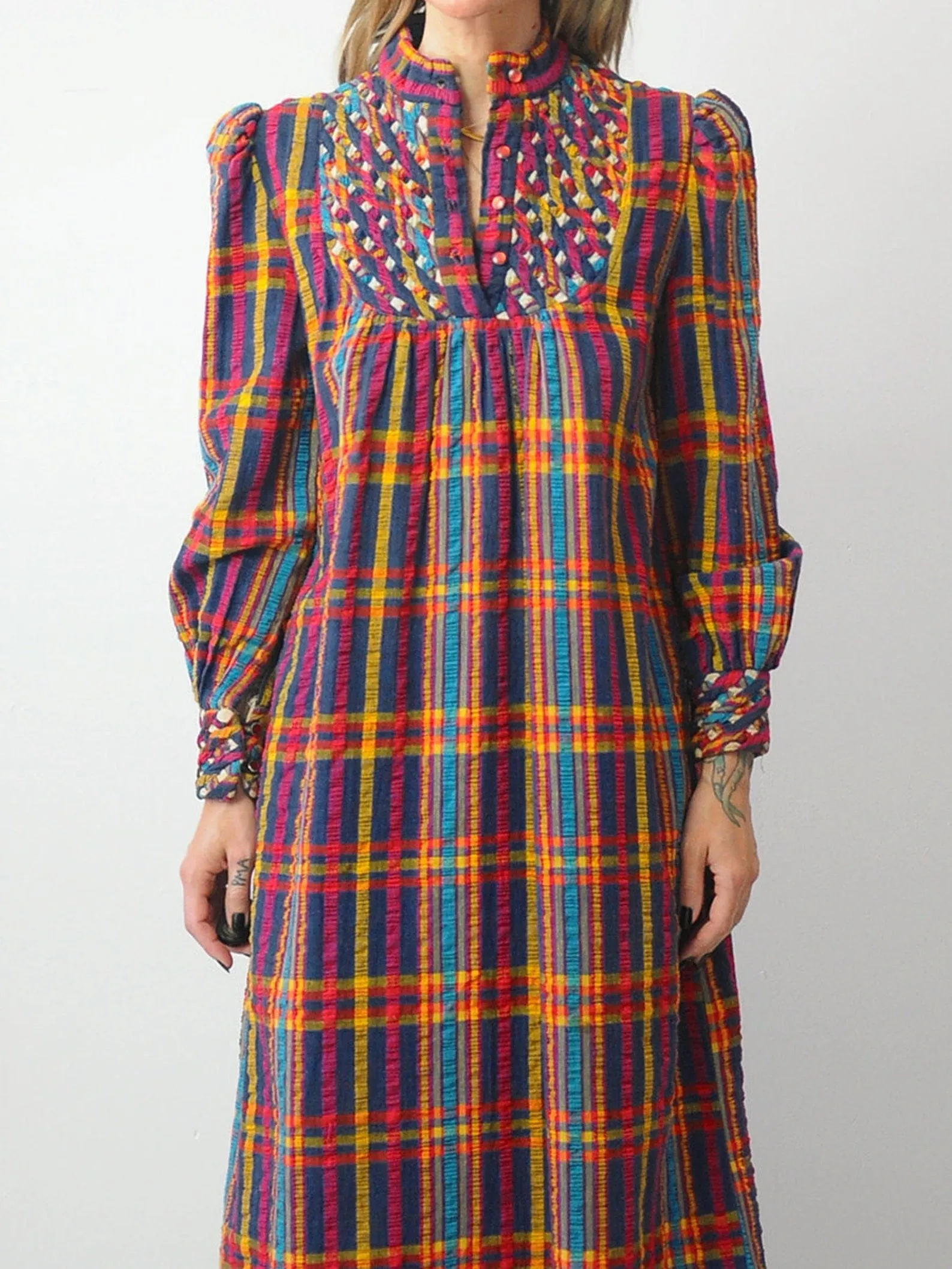 1970's Rainbow Plaid Maxi Dress