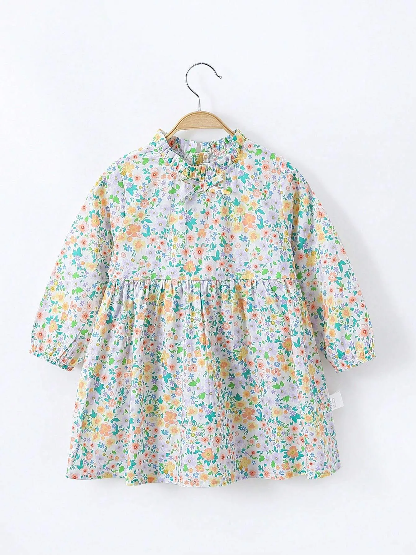 1pc Young Girls' Sweet Floral Pattern Ruffle Trimmed Long Sleeve Dress With Decorative Side Trim For Spring/Summer