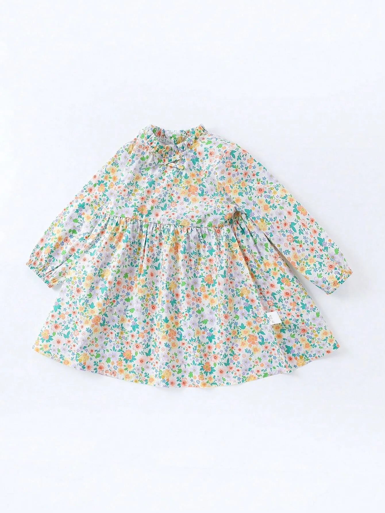 1pc Young Girls' Sweet Floral Pattern Ruffle Trimmed Long Sleeve Dress With Decorative Side Trim For Spring/Summer