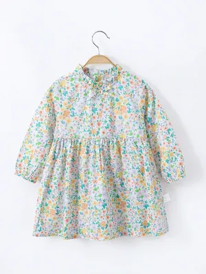 1pc Young Girls' Sweet Floral Pattern Ruffle Trimmed Long Sleeve Dress With Decorative Side Trim For Spring/Summer