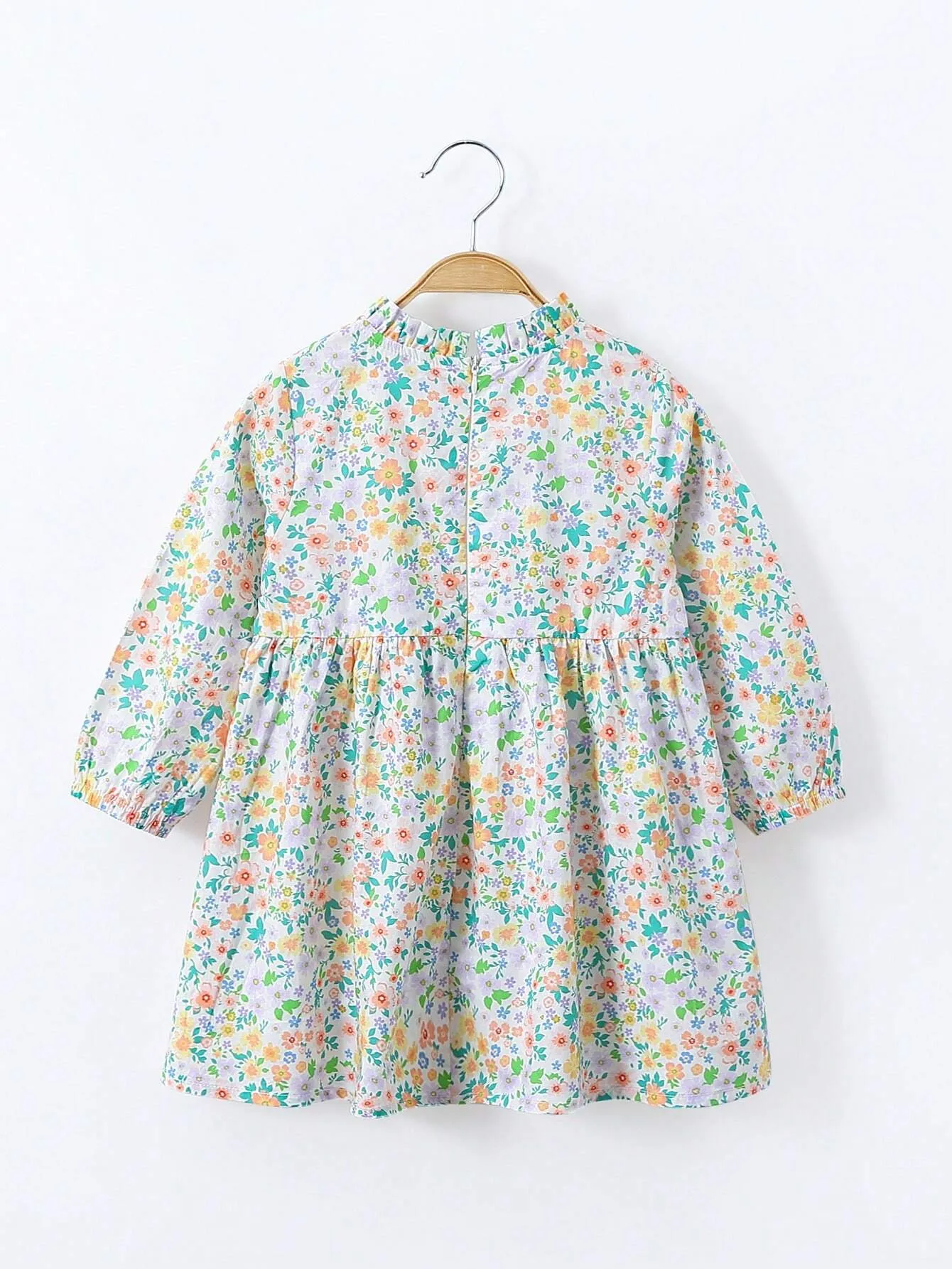 1pc Young Girls' Sweet Floral Pattern Ruffle Trimmed Long Sleeve Dress With Decorative Side Trim For Spring/Summer