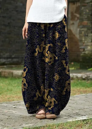 2021 cotton and linen women's Chinese style ramie wild pants yoga Navy blue-dragon pants