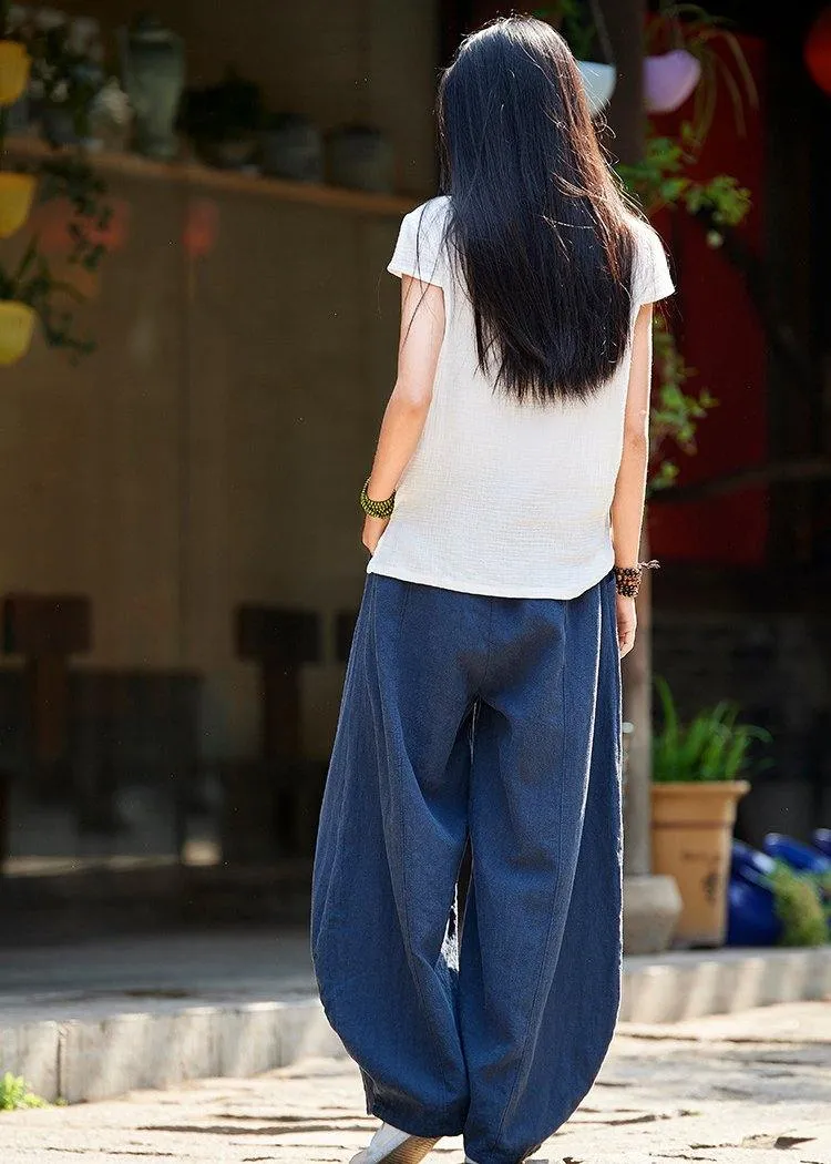 2021 cotton and linen women's Chinese style ramie wild pants yoga Navy blue-dragon pants