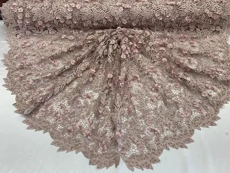 3D Flowers Bridal Heavy Double Beaded Floral Mesh Lace Fabric By The Yard