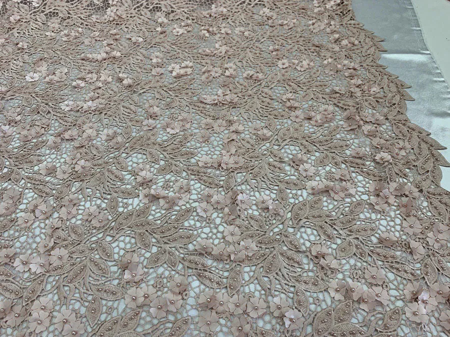 3D Flowers Bridal Heavy Double Beaded Floral Mesh Lace Fabric By The Yard