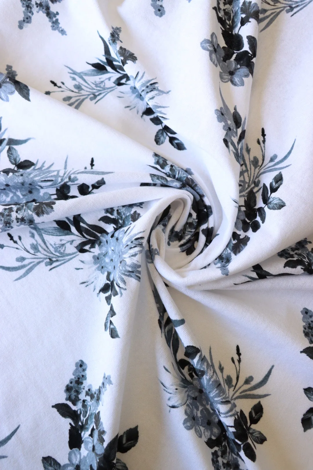 3YD REMNANT; Grayscale Floral on White 100% Cotton Jersey