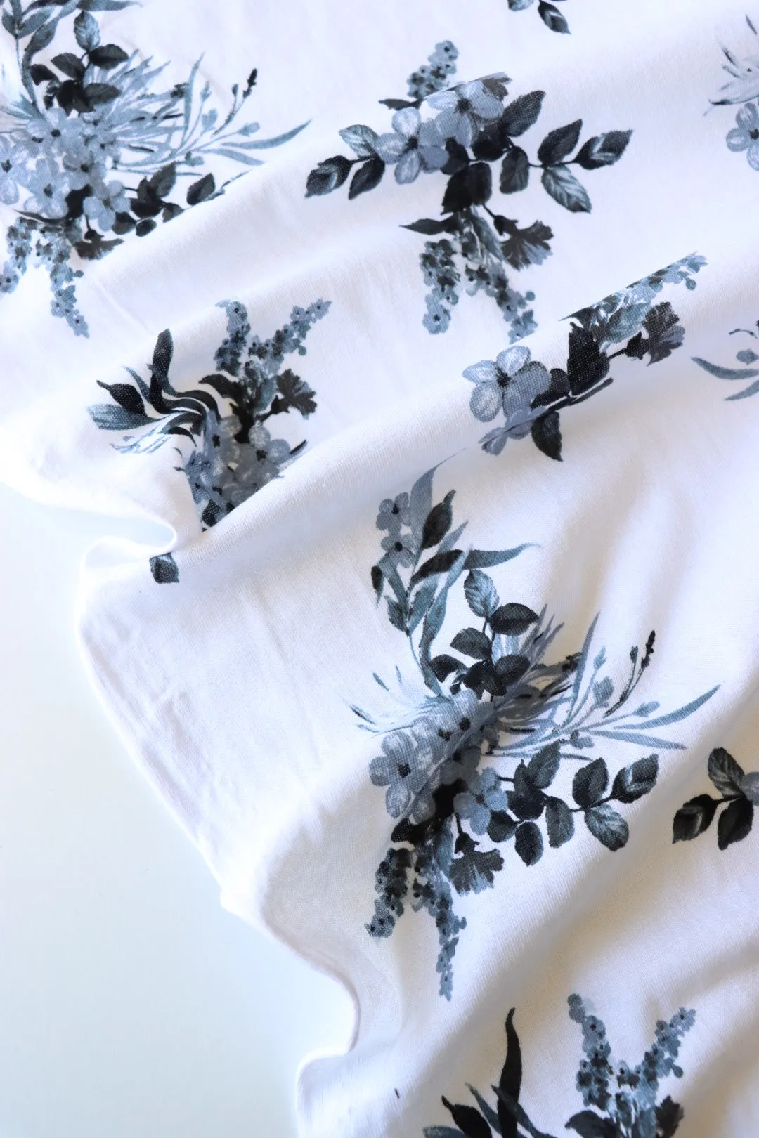 3YD REMNANT; Grayscale Floral on White 100% Cotton Jersey