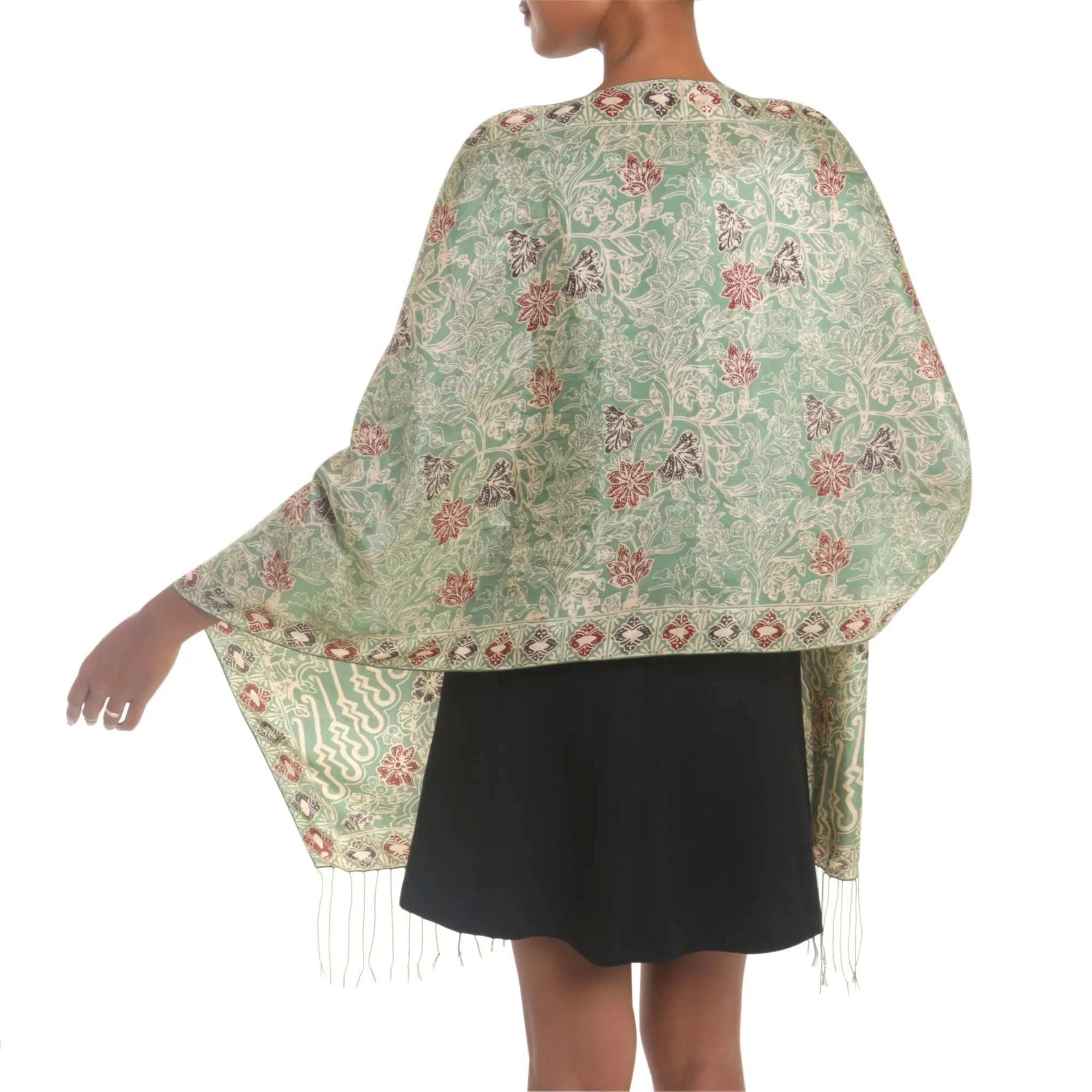 Alluring Lily in Moss Green Batik Silk Shawl with Moss Green Floral Motifs from Bali