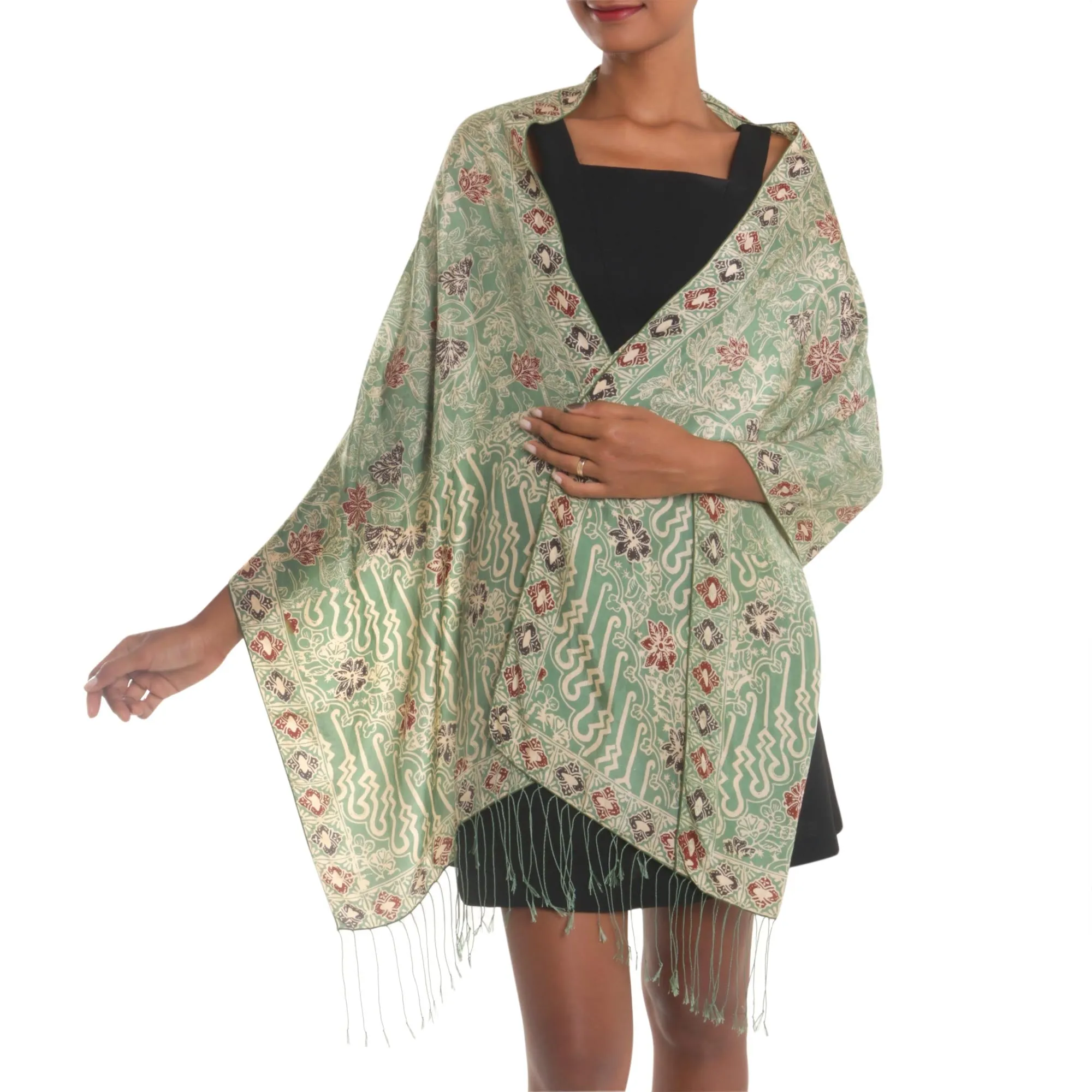 Alluring Lily in Moss Green Batik Silk Shawl with Moss Green Floral Motifs from Bali