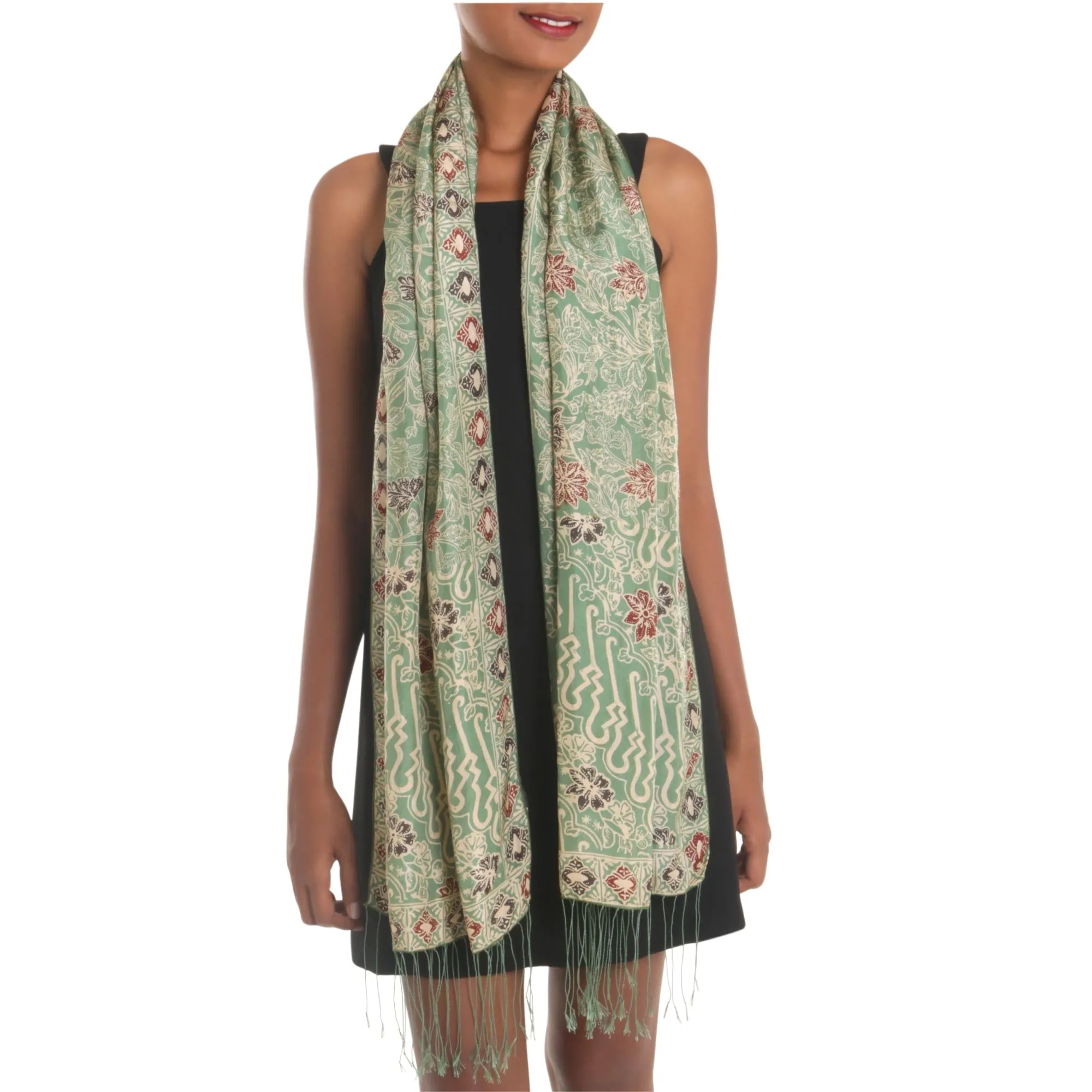 Alluring Lily in Moss Green Batik Silk Shawl with Moss Green Floral Motifs from Bali