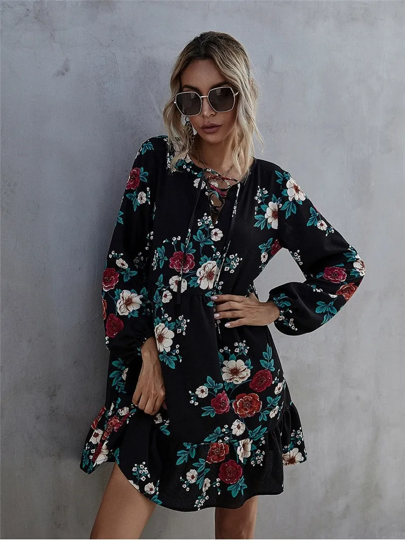 Amy Fashion - Casual O-neck Full Sleeve High Waist Floral Dress