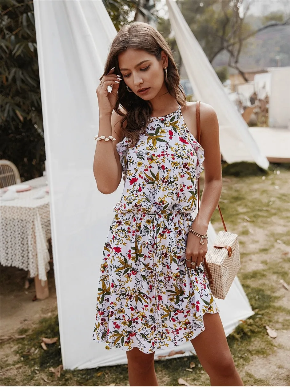 Amy Fashion - Casual Sleeveless Ruffles Above Knee Floral Dress