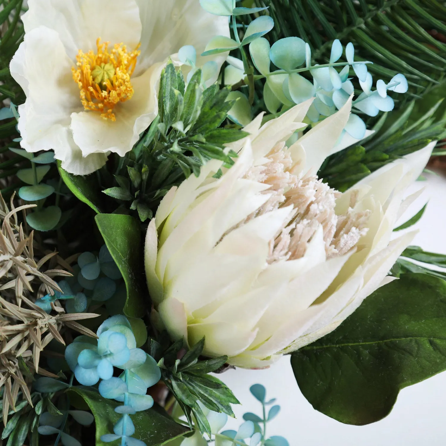 Aquamarine Splash - Cycas Fern, Poppy, King Protea & Pampas Grass Spring Summer Front Door Wreath