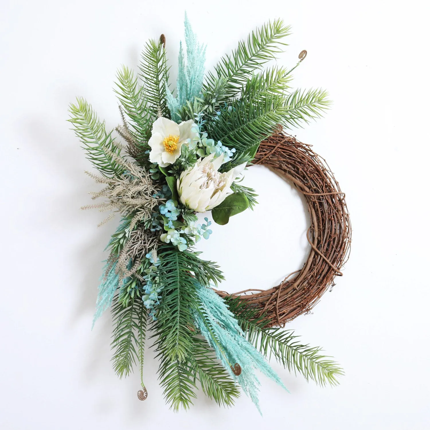 Aquamarine Splash - Cycas Fern, Poppy, King Protea & Pampas Grass Spring Summer Front Door Wreath