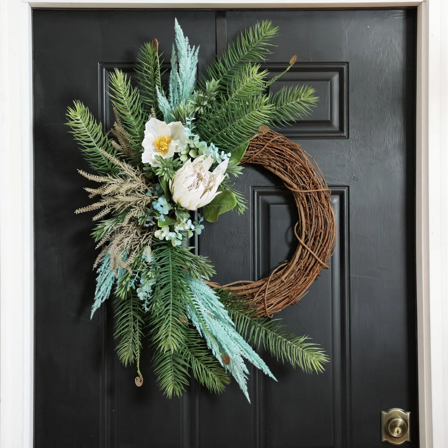 Aquamarine Splash - Cycas Fern, Poppy, King Protea & Pampas Grass Spring Summer Front Door Wreath