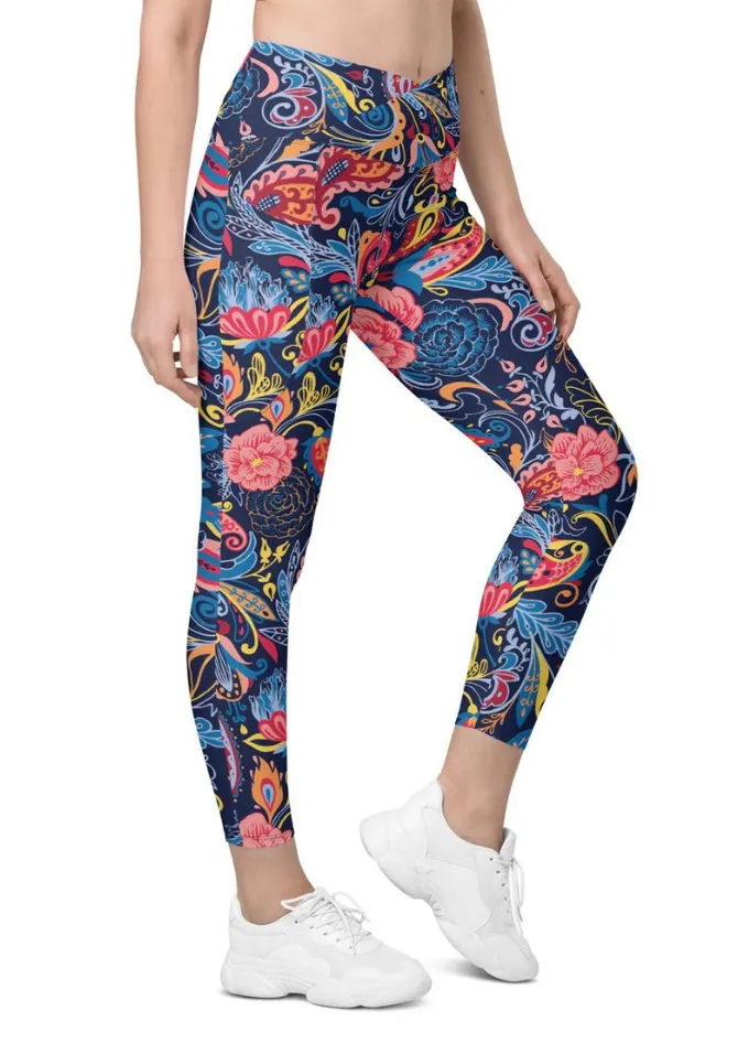 Art Deco Floral Crossover Leggings With Pockets