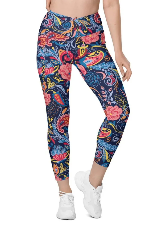 Art Deco Floral Crossover Leggings With Pockets