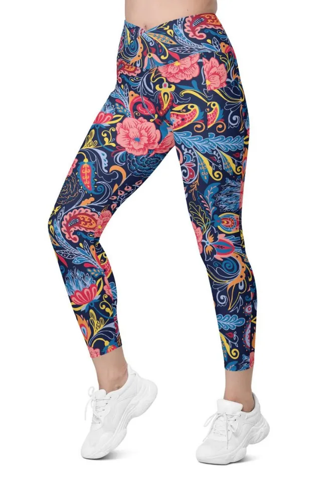 Art Deco Floral Crossover Leggings With Pockets