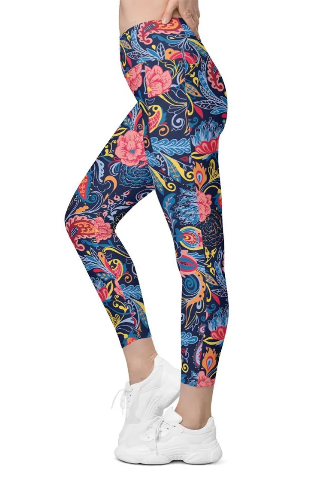 Art Deco Floral Crossover Leggings With Pockets