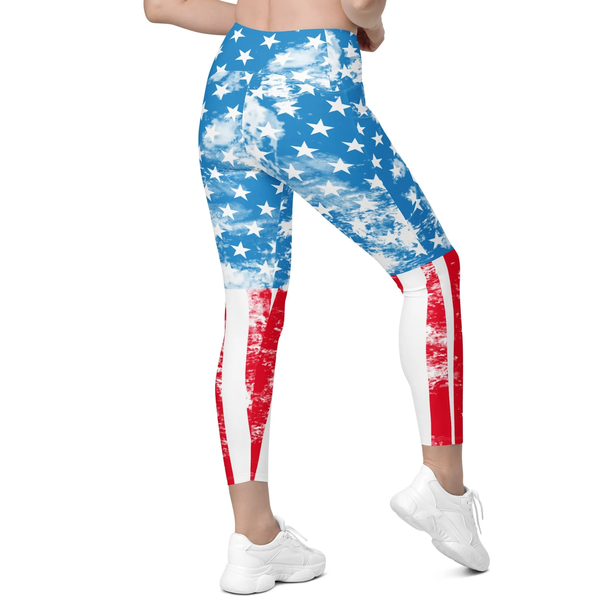 Artsy American Flag Crossover Leggings With Pockets