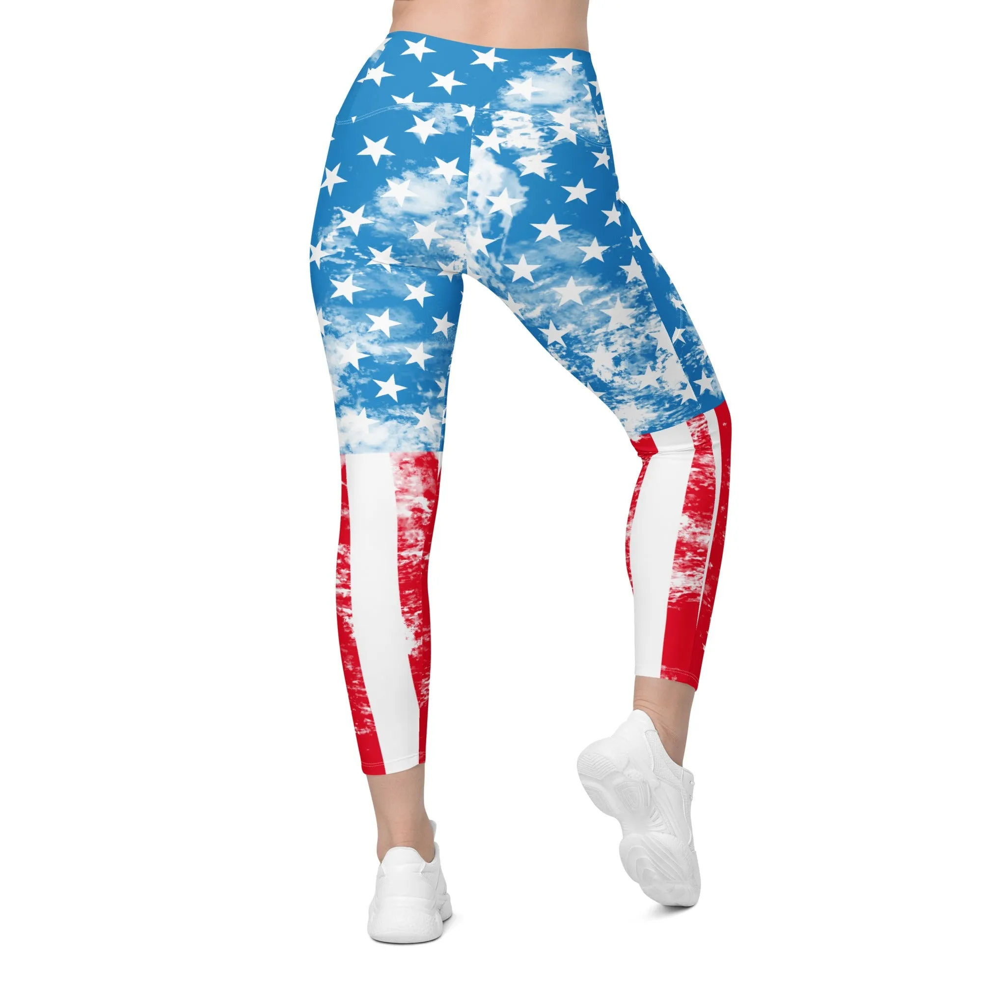 Artsy American Flag Crossover Leggings With Pockets