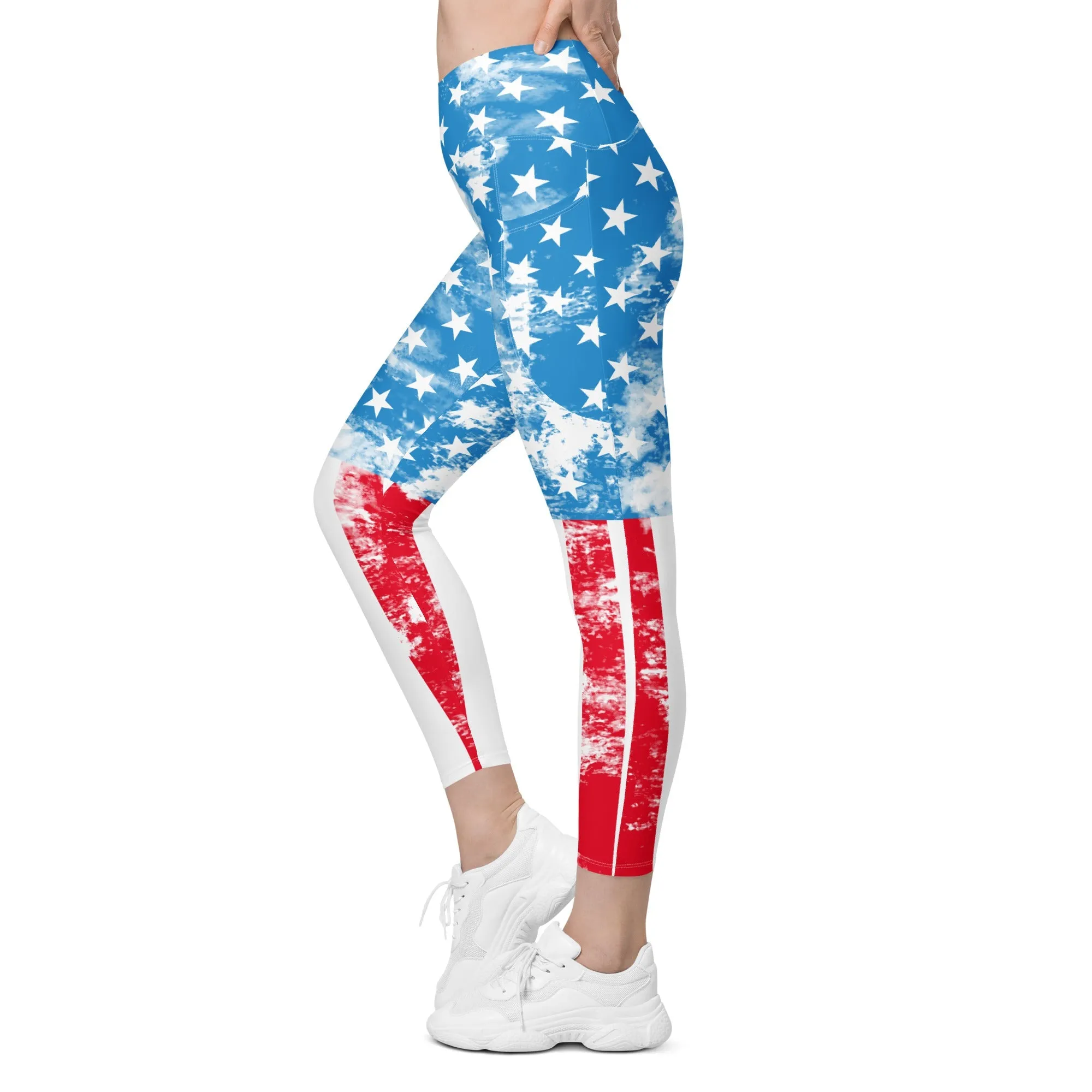 Artsy American Flag Crossover Leggings With Pockets