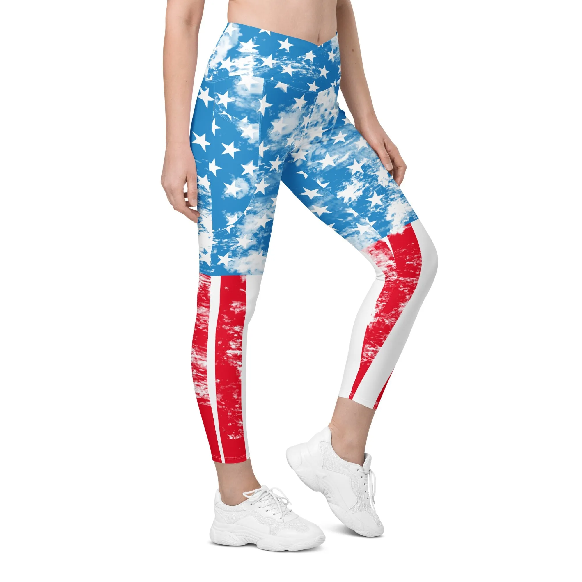 Artsy American Flag Crossover Leggings With Pockets