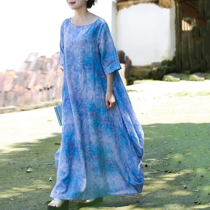 Babakud Vintage Printed Cocoon Casual Loose Linen Dress