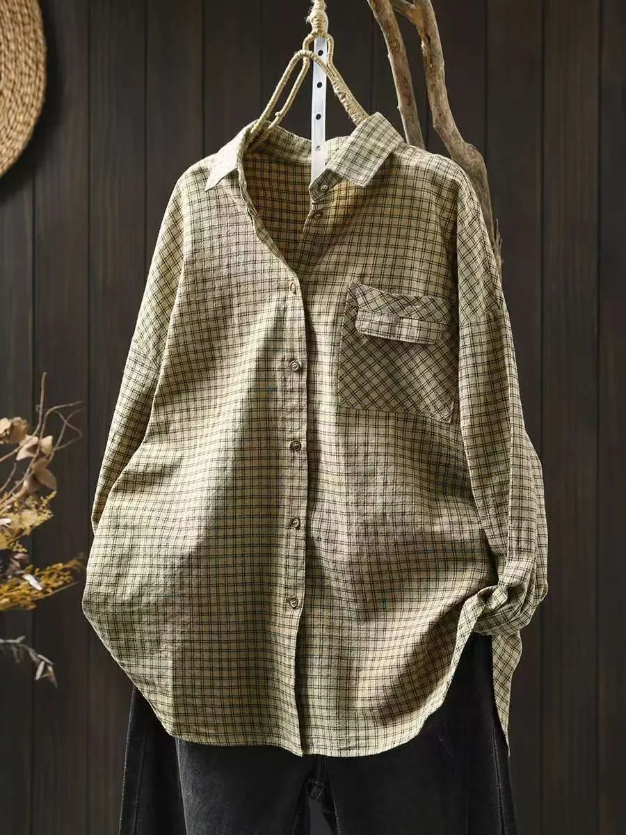 Babakud Women Autumn Retro Cotton Plaid Casual Shirt