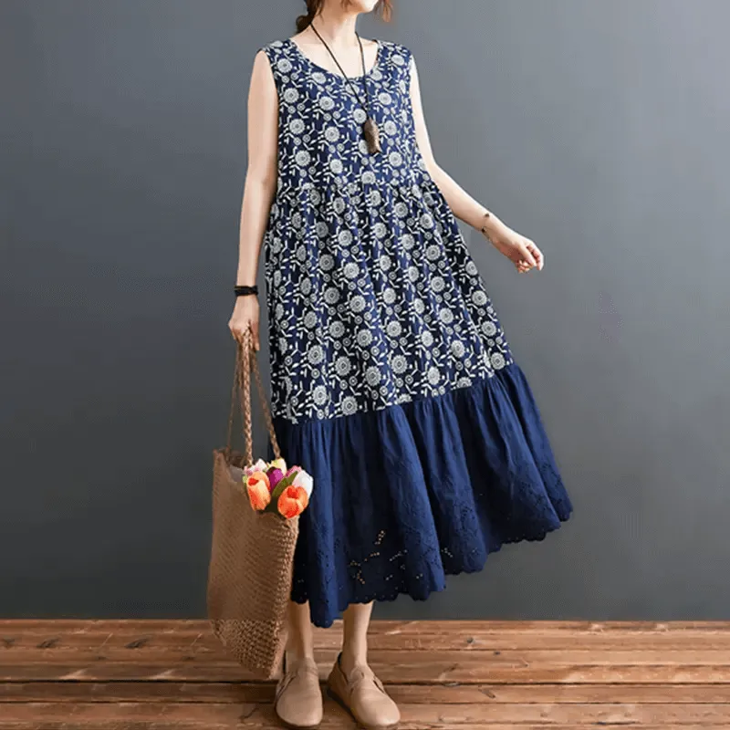 Babakud Women Charm Lace Floral Cotton Linen Dress