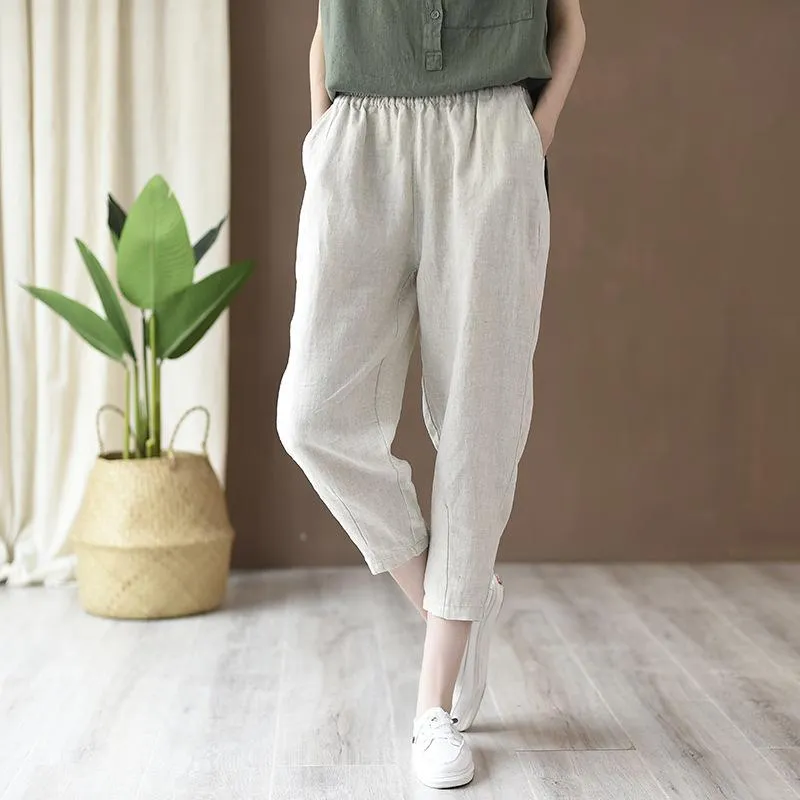 Babakud Women Cotton And Linen Casual Cropped Pants